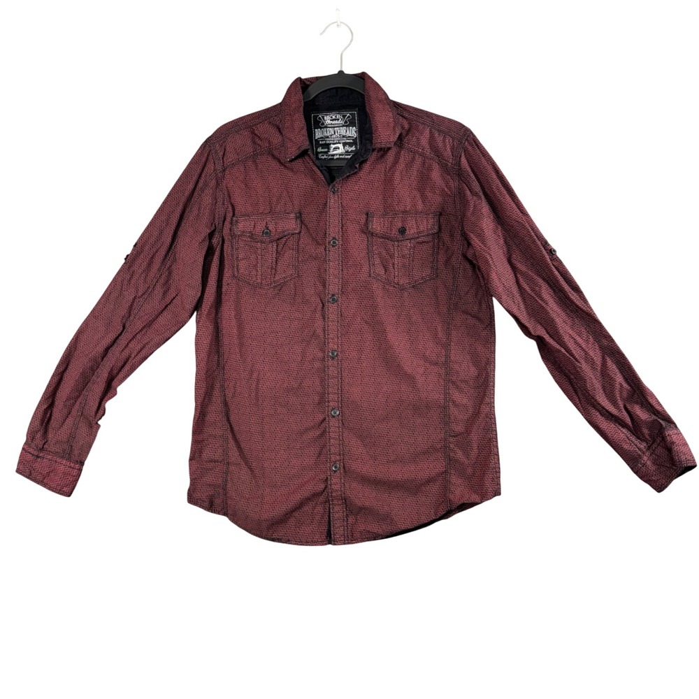 Broken Threads Mens Burgundy Geometric Button Up Y2K Indie Alt Shirt Size M